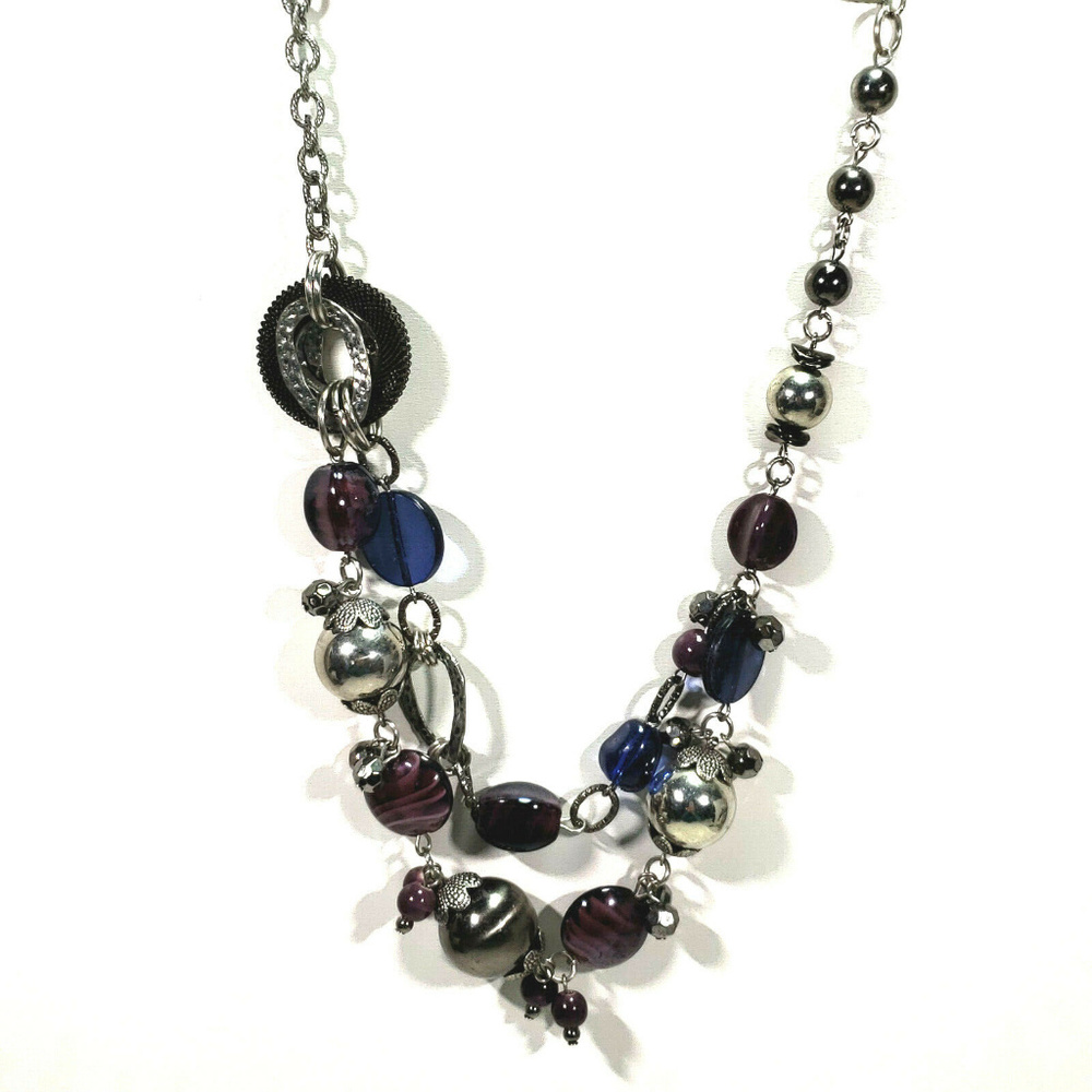 Chico's Silver Multi Strand Necklace Blue Purple